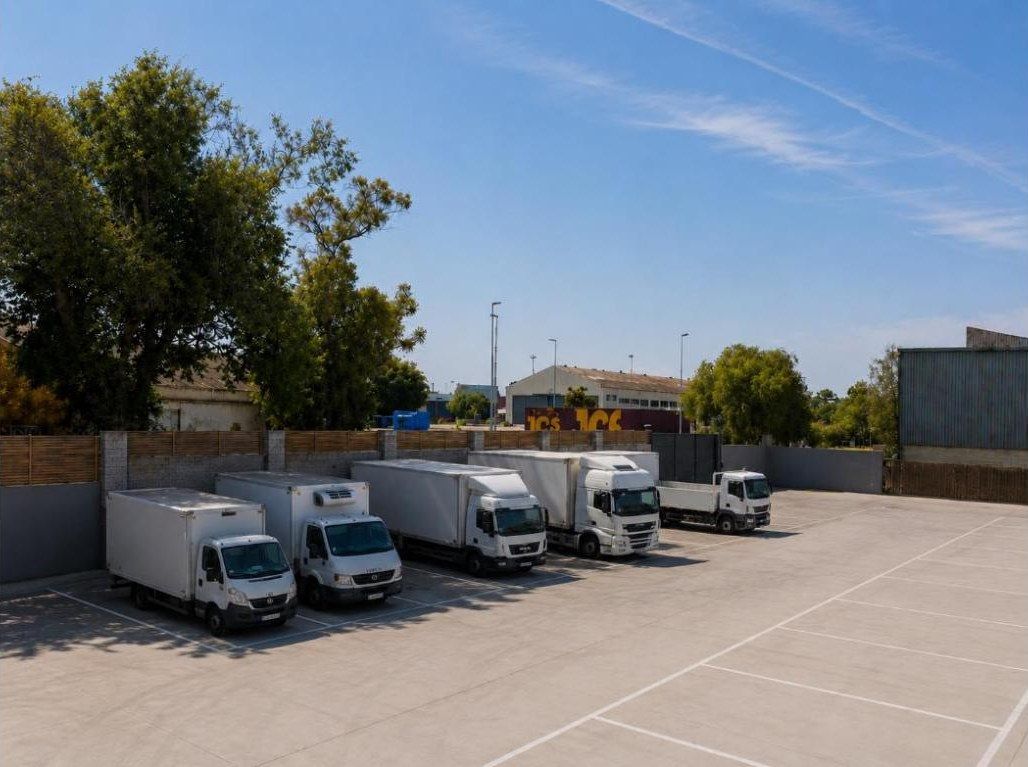Trucks and vans parked on the fenced site