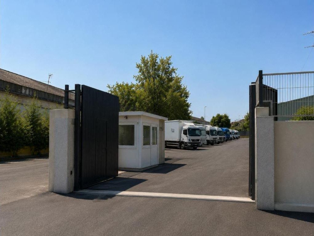 Car park entrance with the gate open and the control booth
